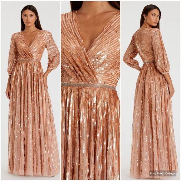 Mac Duggal 5509 SEQUINED WRAP OVER 3/4 SLEEVE GOWN - Picture 1 of 16